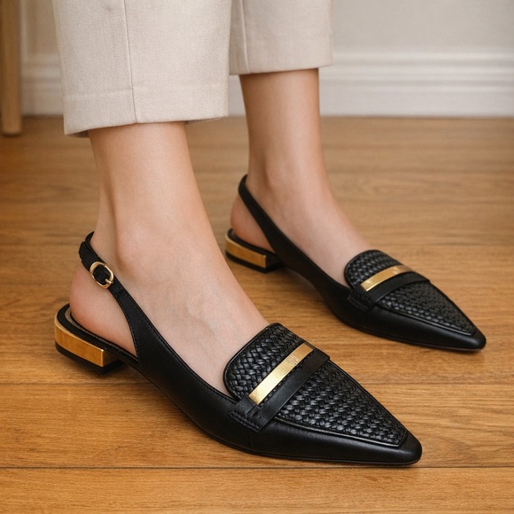 Vince Camuto Shoes - Vince Camuto Black Woven Leather Slingback Heels Gold Bar Accent PointedToe9M/40
